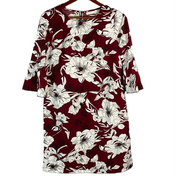 LUNA Floral Print Shift Dress Burgundy White Bell Sleeve Knee Length Size Small - Picture 2 of 11